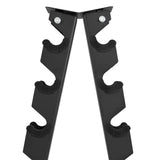 Rack de mancuernas de 6 niveles en color negro, con diseño robusto y soportes de goma para estabilidad y protección de las pesas