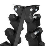 Rack de mancuernas de 6 niveles en color negro, con diseño robusto y hexágonos de goma para un agarre seguro y fácil acceso