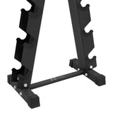 Rack de mancuernas de 6 niveles en color negro, con estructura robusta y soporte antideslizante para estabilidad y seguridad
