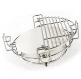 Parrilla multinivel de acero inoxidable para barbacoa Kamado, con diseño circular y superficie blanca, ideal para asar carnes y verduras