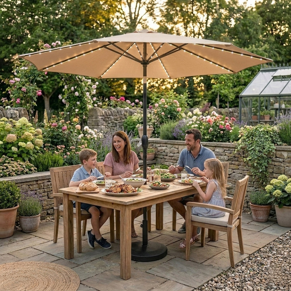 Parasol LED Inclinable 2,7 m con Base – Beige