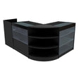Mostrador comercial en forma de L, color negro, con iluminación LED, estantes de vidrio y acabados modernos, ideal para exhibición