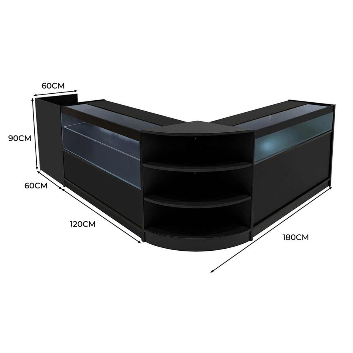 Set Mostradores Comerciales con Luz LED "EUROPA" LM60 + B1200 + C1200 + TB60 – Negro