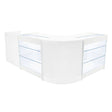 Mostrador comercial en forma de L, color blanco, con iluminación LED y vitrinas de vidrio, ideal para exhibir productos