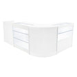 Mostradores comerciales en color blanco con luz LED, diseño moderno y esquinas redondeadas, vitrinas de vidrio transparente para exhibición