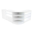 Mostrador comercial en forma de L, color blanco, con luces LED, vitrinas de vidrio y estantes curvos para exhibición de productos