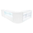 Mostradores comerciales en forma de L, color blanco, con iluminación LED y estantes de vidrio, ideales para exhibición de productos