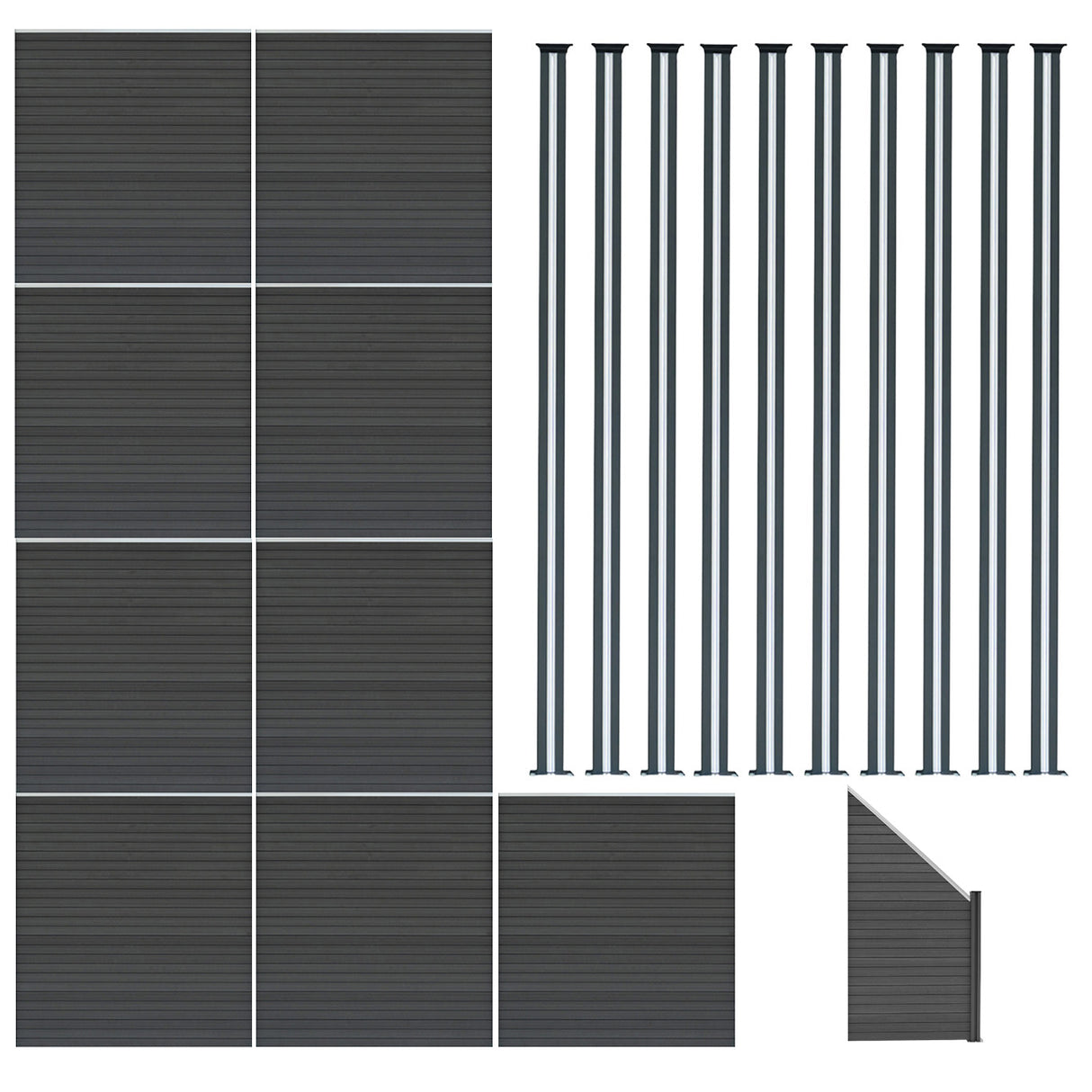 Vallas para exteriores de WPC y Aluminio - 9x Paneles Cuadrados + 1x Oblicuo + 10x Postes con LED | Gris