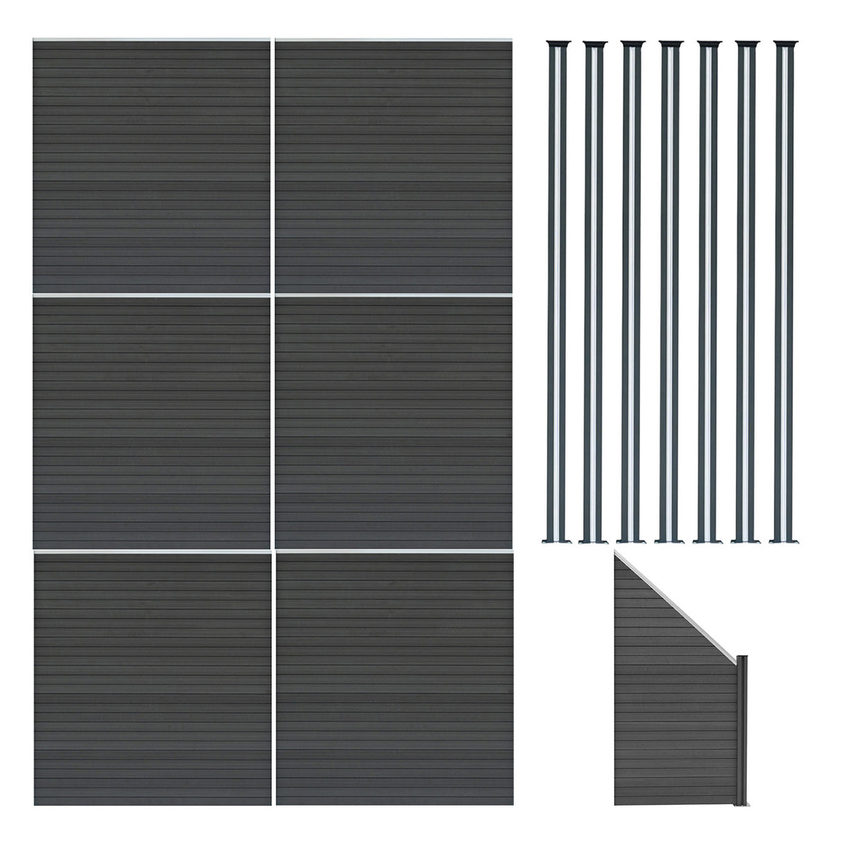 Vallas para exteriores de WPC y Aluminio - 6x Paneles Cuadrados + 1x Oblicuo + 7x Postes con LED | Gris