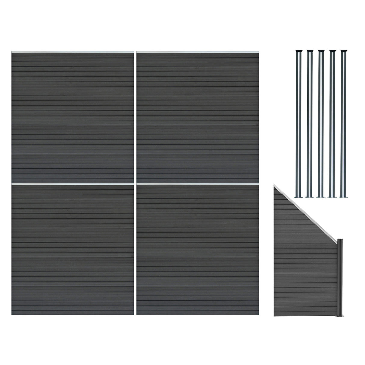 Vallas para exteriores de WPC y Aluminio - 4x Paneles Cuadrados + 1x Oblicuo + 5x Postes con LED | Gris