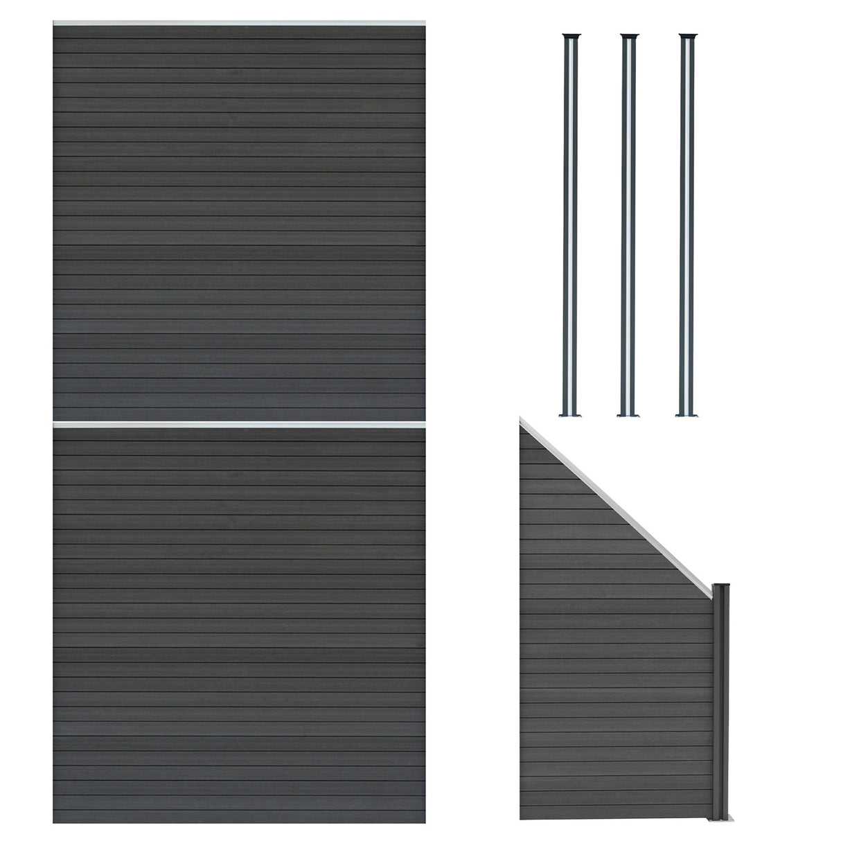 Vallas para exteriores de WPC y Aluminio - 2x Paneles Cuadrados + 1x Oblicuo + 3x Postes con LED | Gris