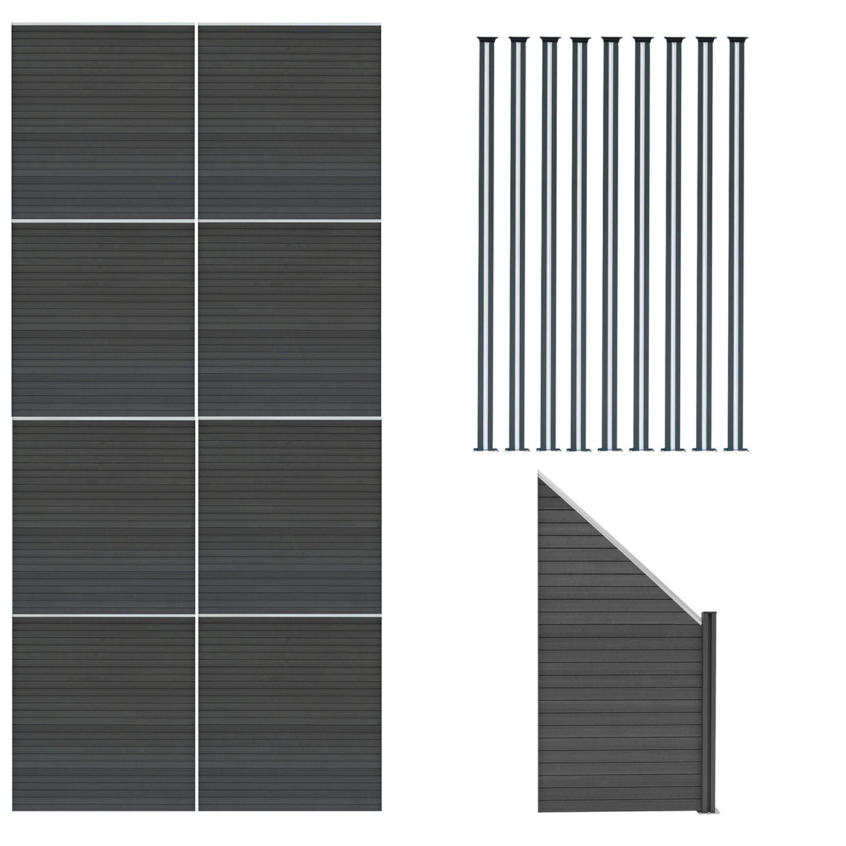 Vallas para exteriores de WPC y Aluminio - 8x Paneles Cuadrados + 1x Oblicuo + 9x Postes con LED | Gris