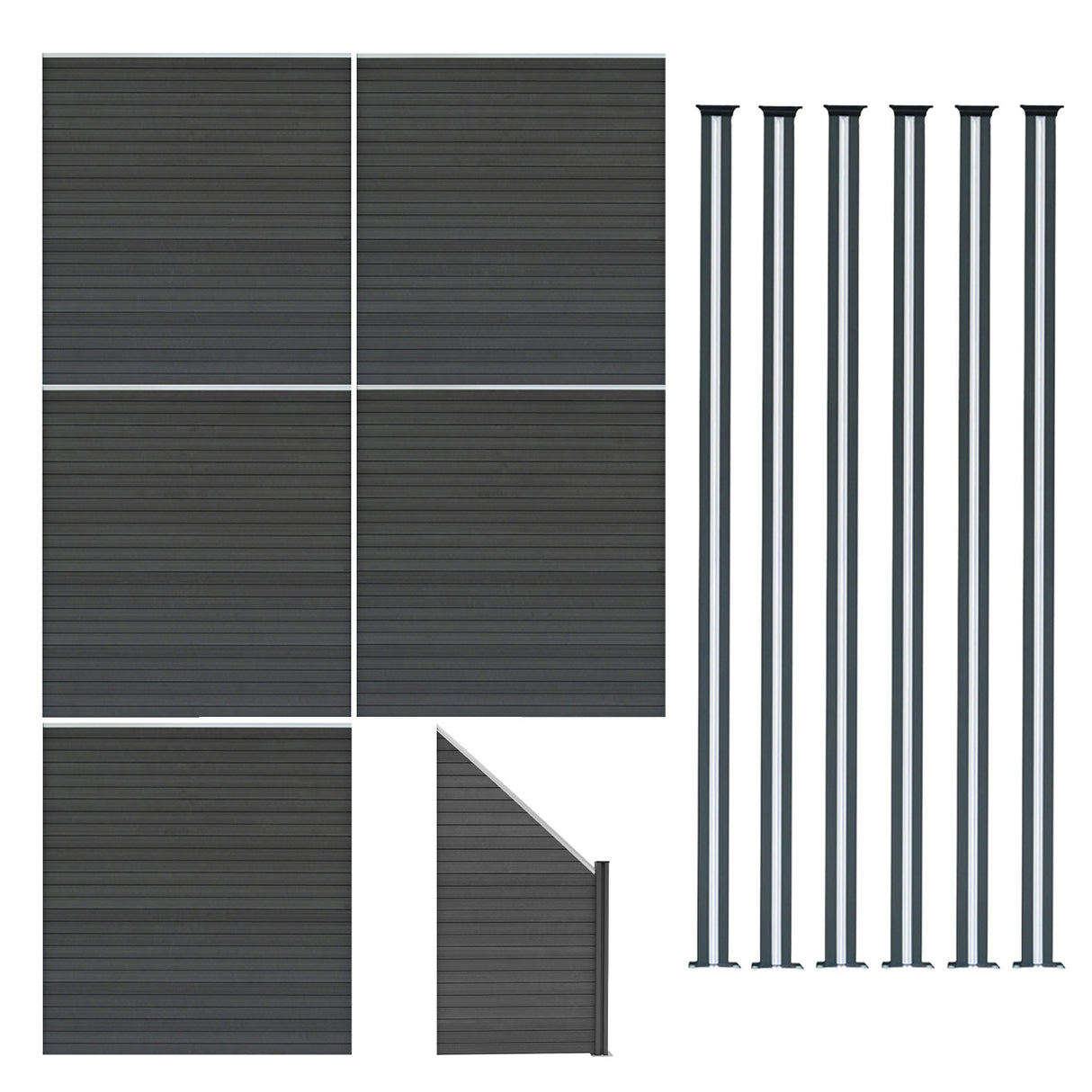 Vallas para exteriores de WPC y Aluminio - 5x Paneles Cuadrados + 1x Oblicuo + 6x Postes con LED | Gris