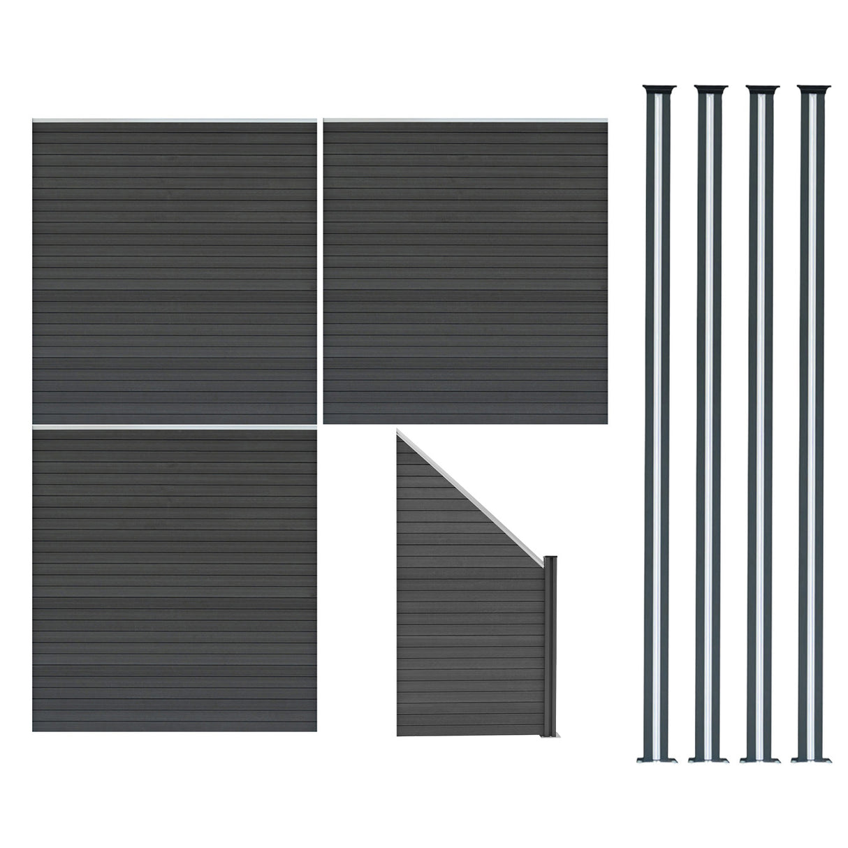 Vallas para exteriores de WPC y Aluminio - 3x Paneles Cuadrados + 1x Oblicuo + 4x Postes con LED | Gris