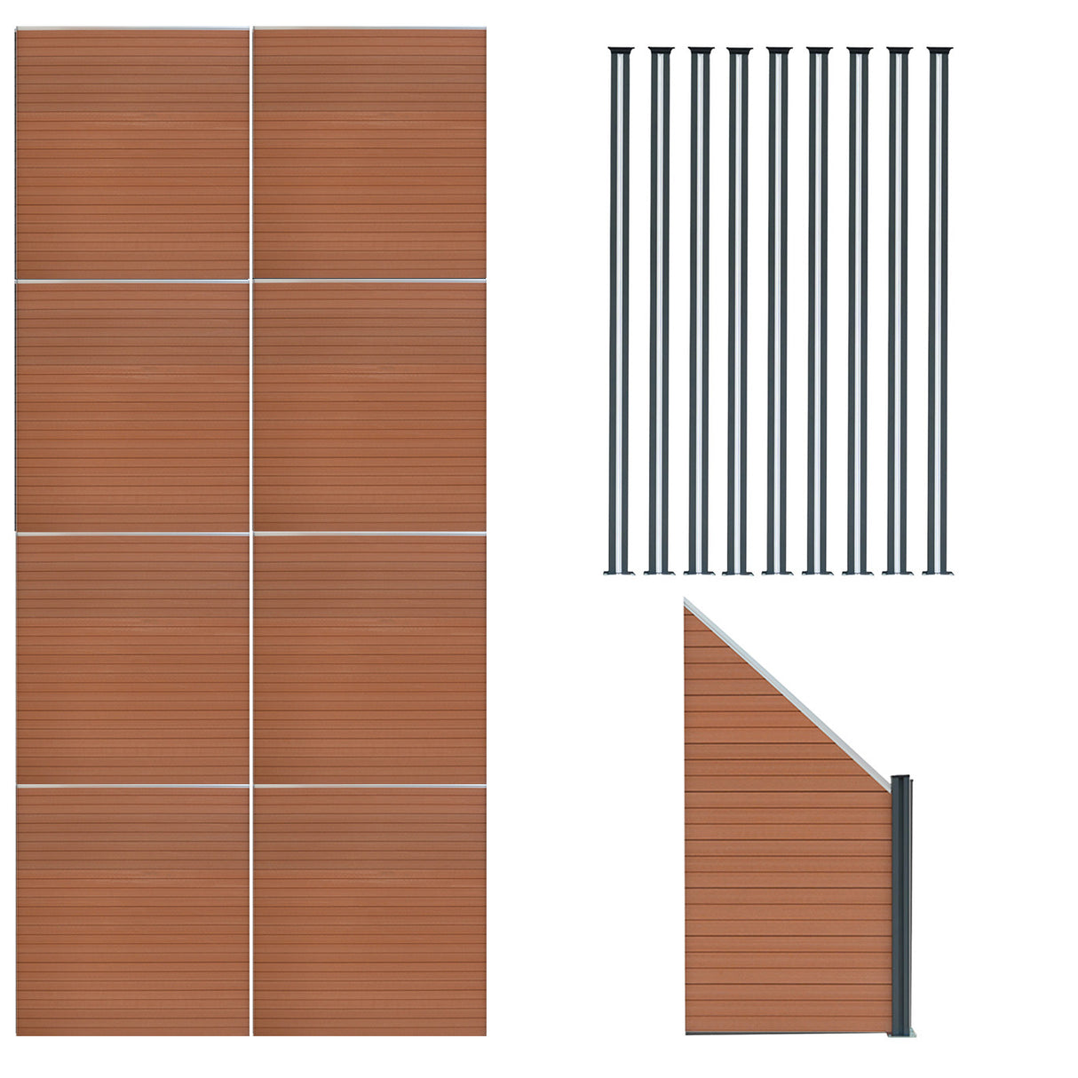 Vallas para exteriores de WPC y Aluminio - 8x Paneles Cuadrados + 1x Oblicuo + 9x Postes con LED | Marrón