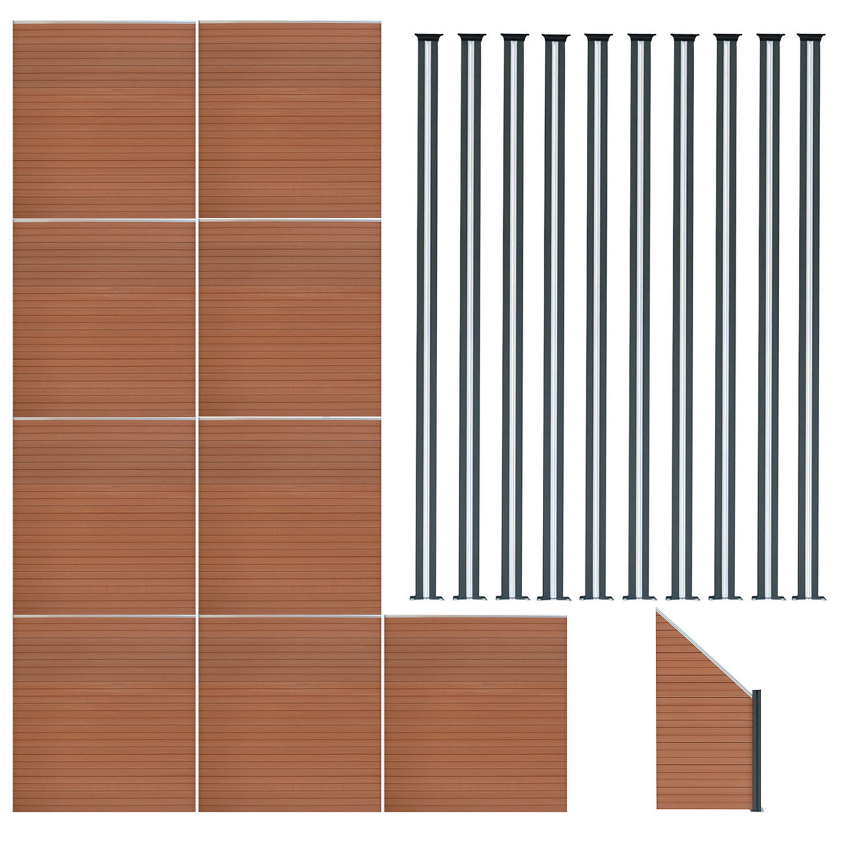 Vallas para exteriores de WPC y Aluminio - 9x Paneles Cuadrados + 1x Oblicuo + 10x Postes con LED | Marrón