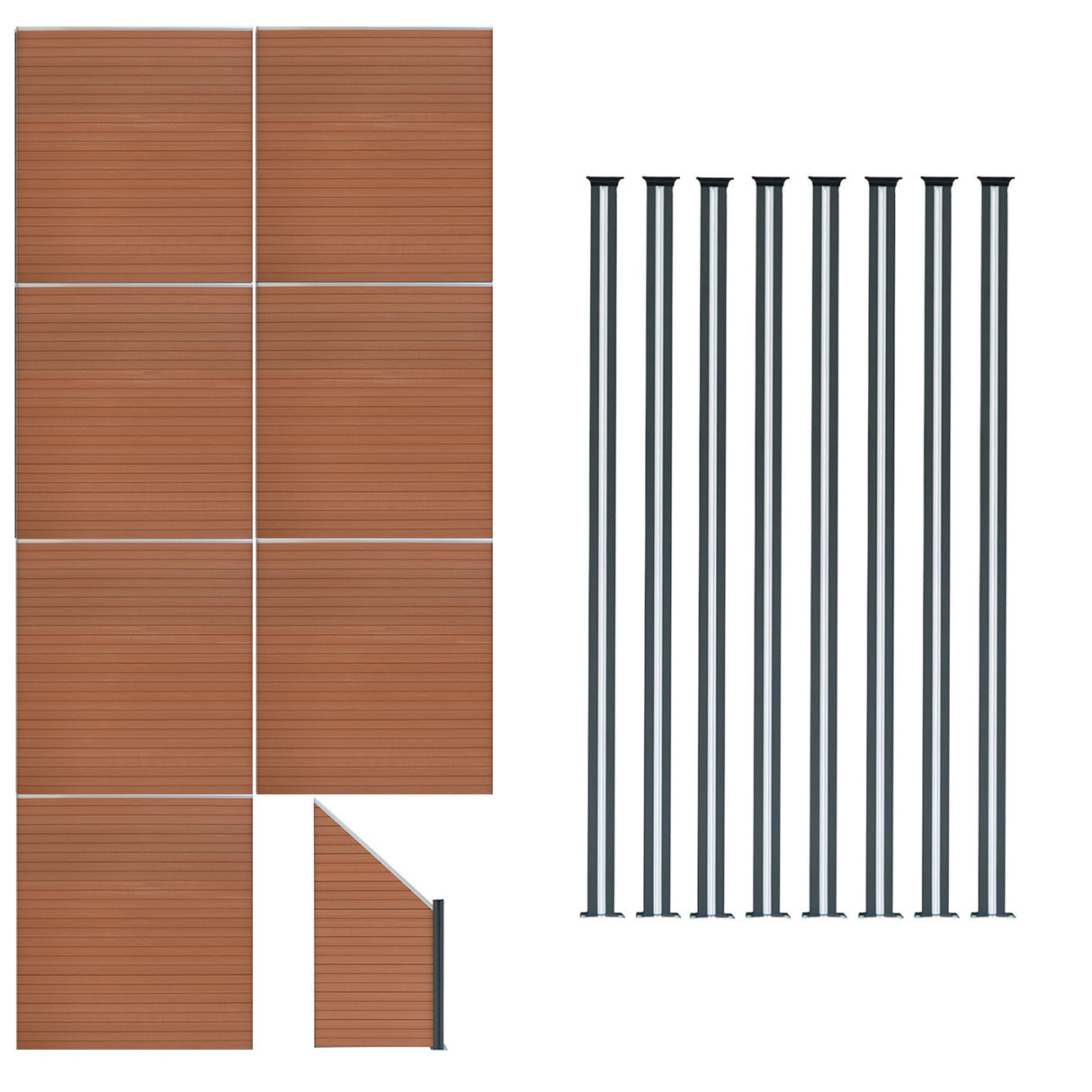 Vallas para exteriores de WPC y Aluminio - 7x Paneles Cuadrados + 1x Oblicuo + 8x Postes con LED | Marrón
