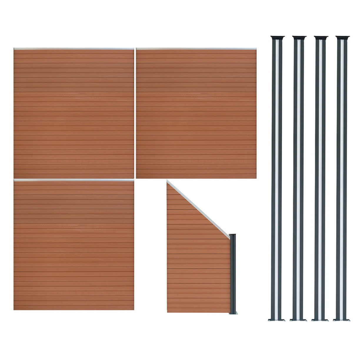 Vallas para exteriores de WPC y Aluminio - 3x Paneles Cuadrados + 1x Oblicuo + 4x Postes con LED | Marrón