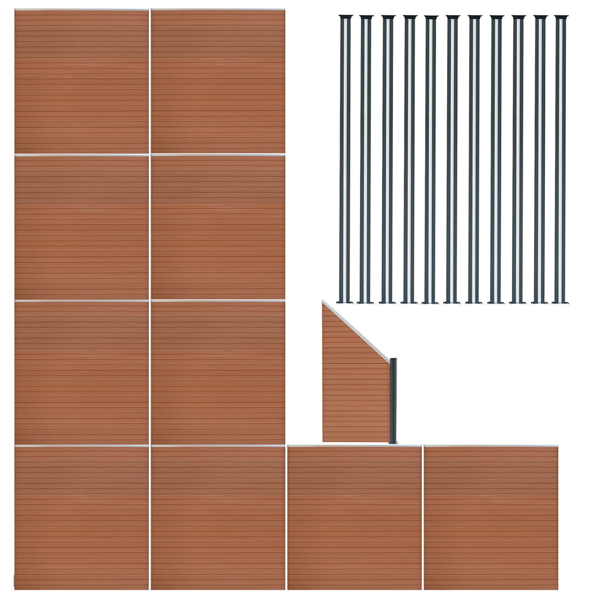 Vallas para exteriores de WPC y Aluminio - 10x Paneles Cuadrados + 1x Oblicuo + 11x Postes con LED | Marrón