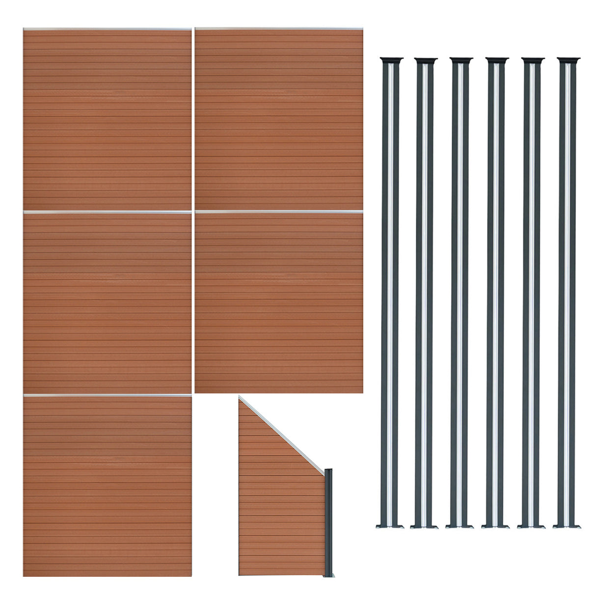 Vallas para exteriores de WPC y Aluminio - 5x Paneles Cuadrados + 1x Oblicuo + 6x Postes con LED | Marrón