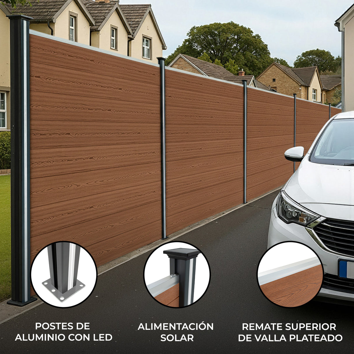 Vallas para exteriores de WPC y Aluminio - 1x Panel + 2x Postes | Marrón