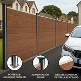 Vallas para exteriores de WPC y Aluminio - 9x Paneles Cuadrados + 1x Oblicuo + 10x Postes con LED | Marrón