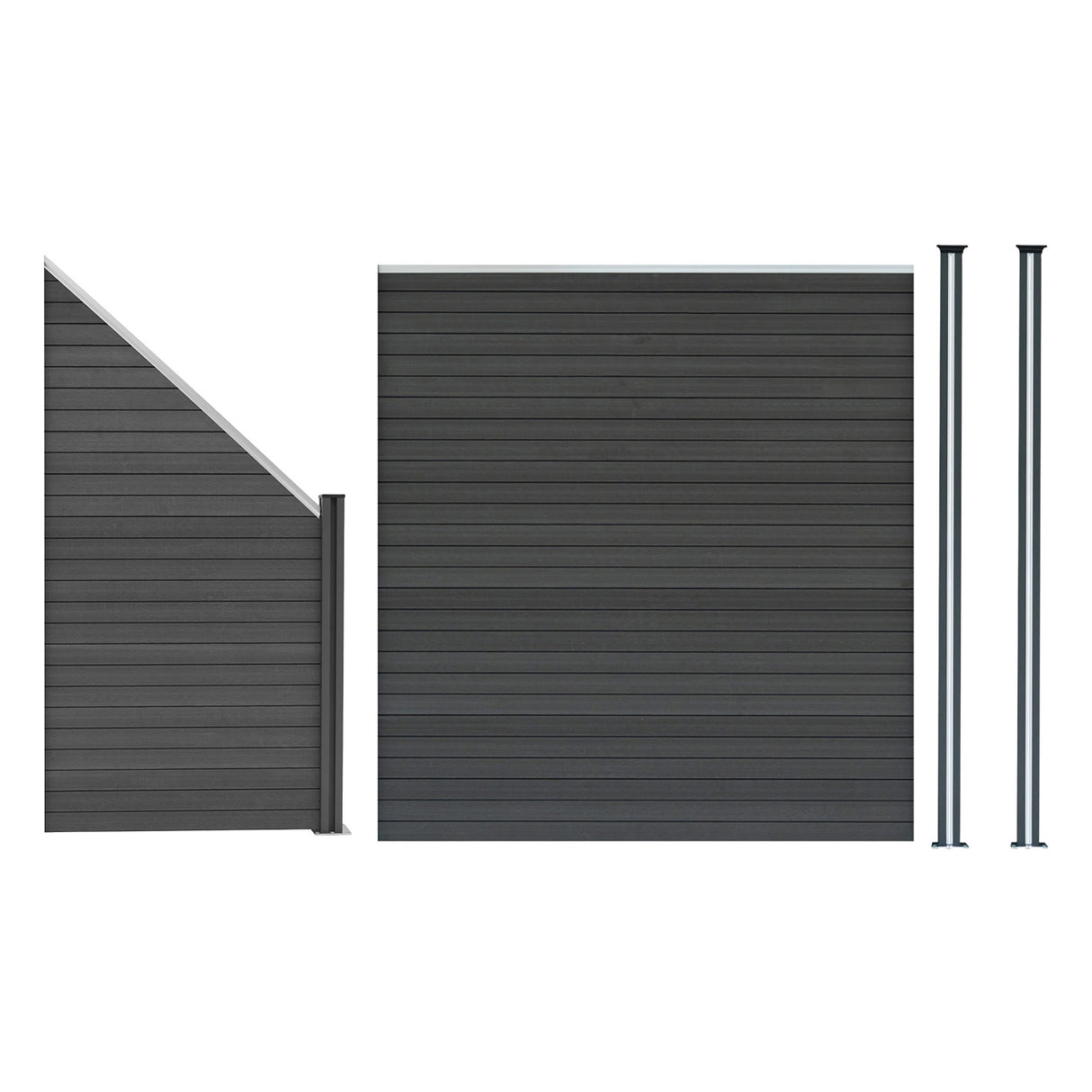 Vallas para exteriores de WPC y Aluminio - 1x Panel Cuadrado + 1x Oblicuo + 2x Postes con LED | Gris