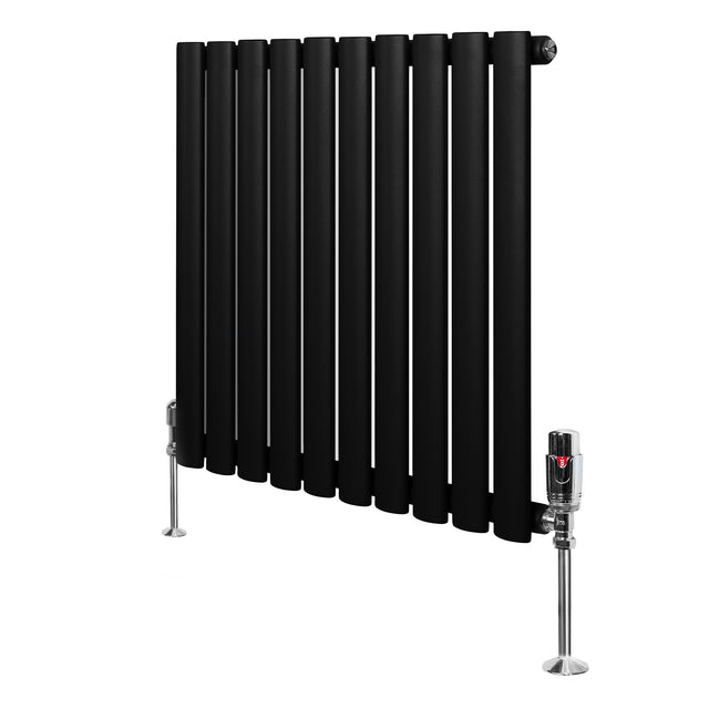 Radiador de columna ovalado negro de 600 mm x 600 mm con válvulas, diseño moderno y acabado mate, ideal para espacios elegantes