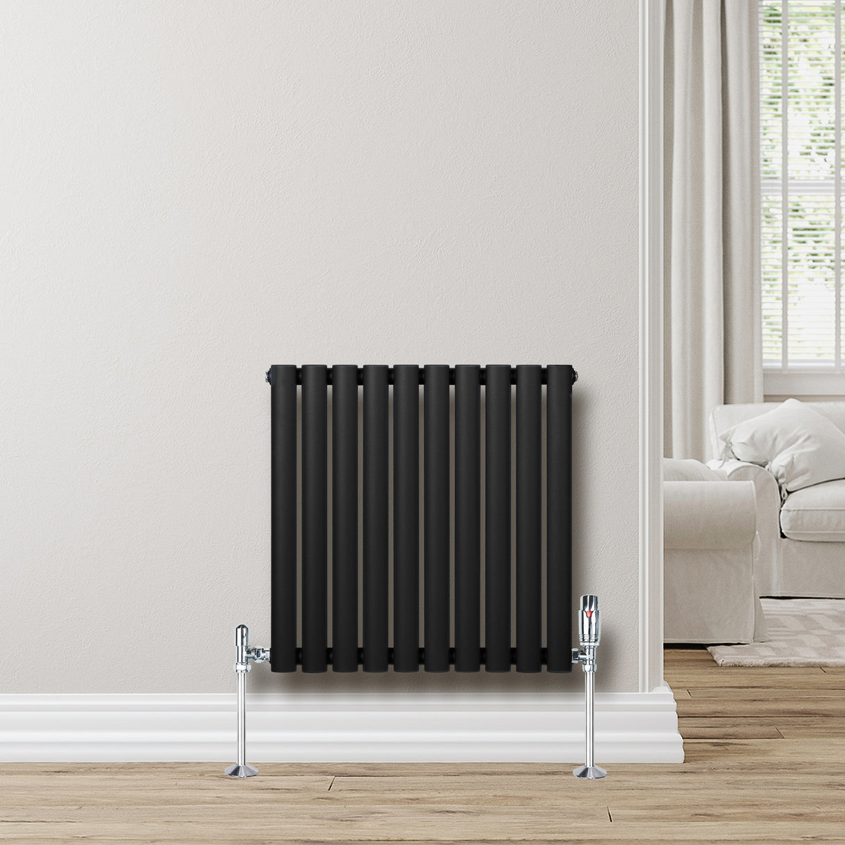 Radiador de columna ovalado negro de 600 mm x 600 mm con válvulas, diseño moderno y acabado mate, ideal para decoración interior