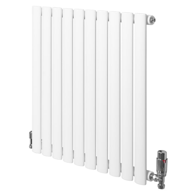 Radiador de columna ovalado blanco de 600 mm x 600 mm con válvulas, diseño moderno y acabado liso, ideal para calefacción eficiente