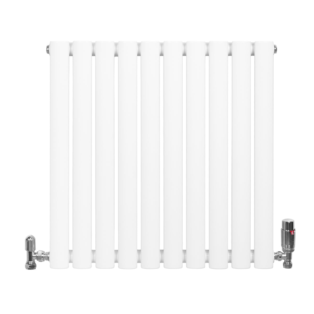 Radiador de columna ovalado en color blanco, con válvulas cromadas, diseño moderno y acabado liso, dimensiones 600 mm x 600 mm