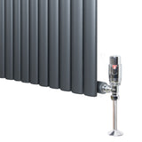 Radiador de columna ovalado en gris antracita, con válvulas brillantes y diseño elegante, ideal para calefacción moderna