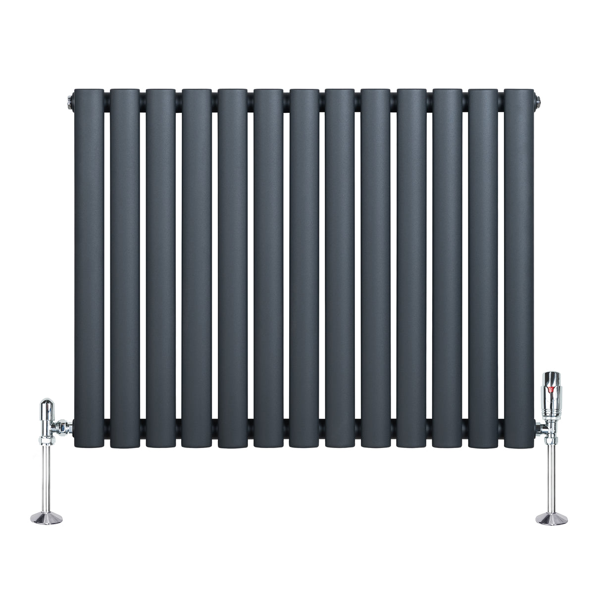 Radiador de columna ovalado en gris antracita, con válvulas brillantes, diseño moderno y acabado mate, dimensiones 600 mm x 780 mm
