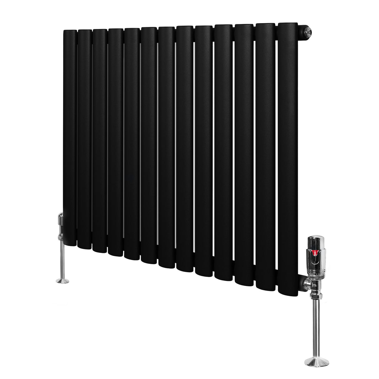 Radiador de columna ovalado negro de 600 mm x 780 mm, con válvulas y acabado liso, ideal para calefacción moderna y elegante