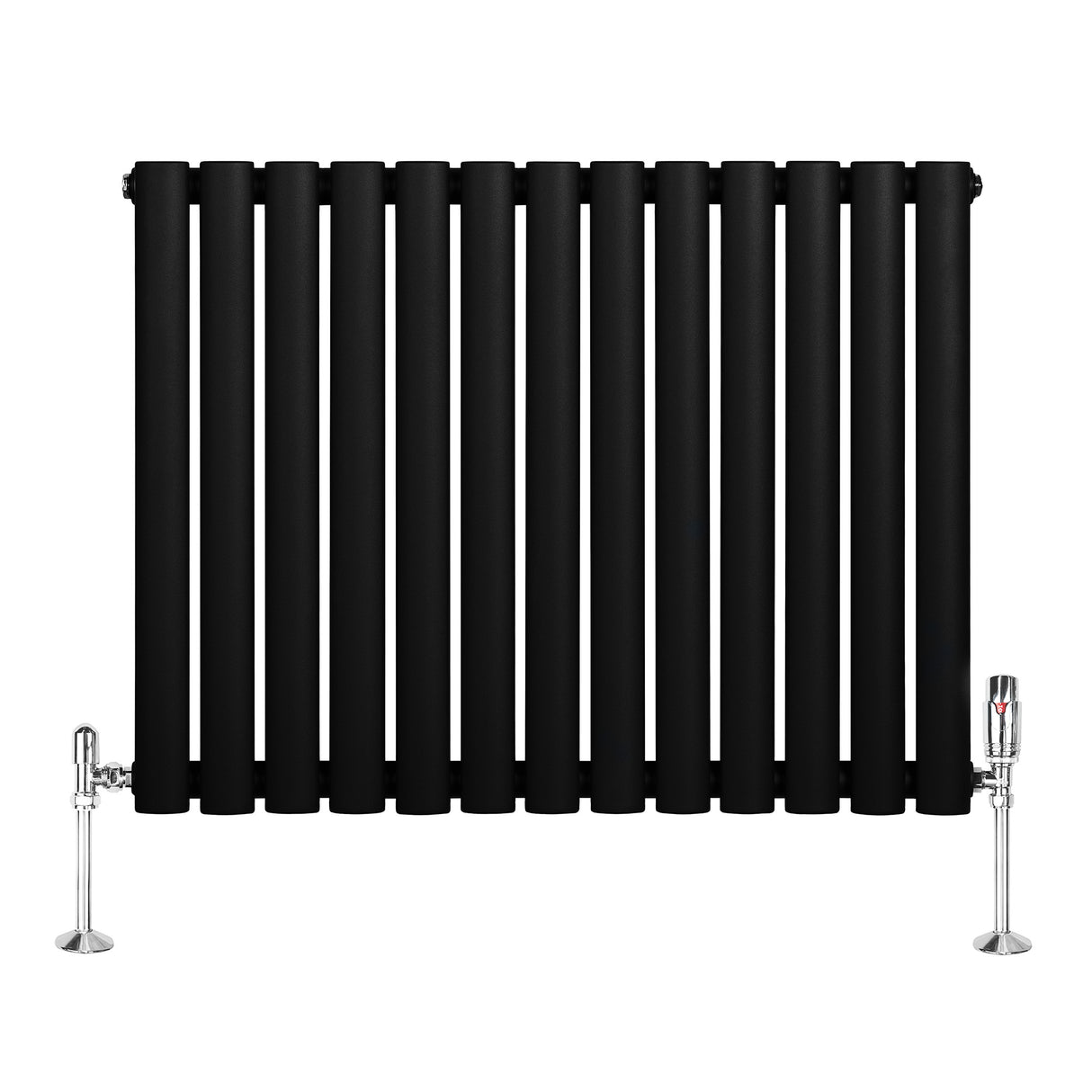 Radiador de columna ovalado negro de 600 mm x 780 mm con válvulas brillantes, diseño moderno y acabado mate elegante