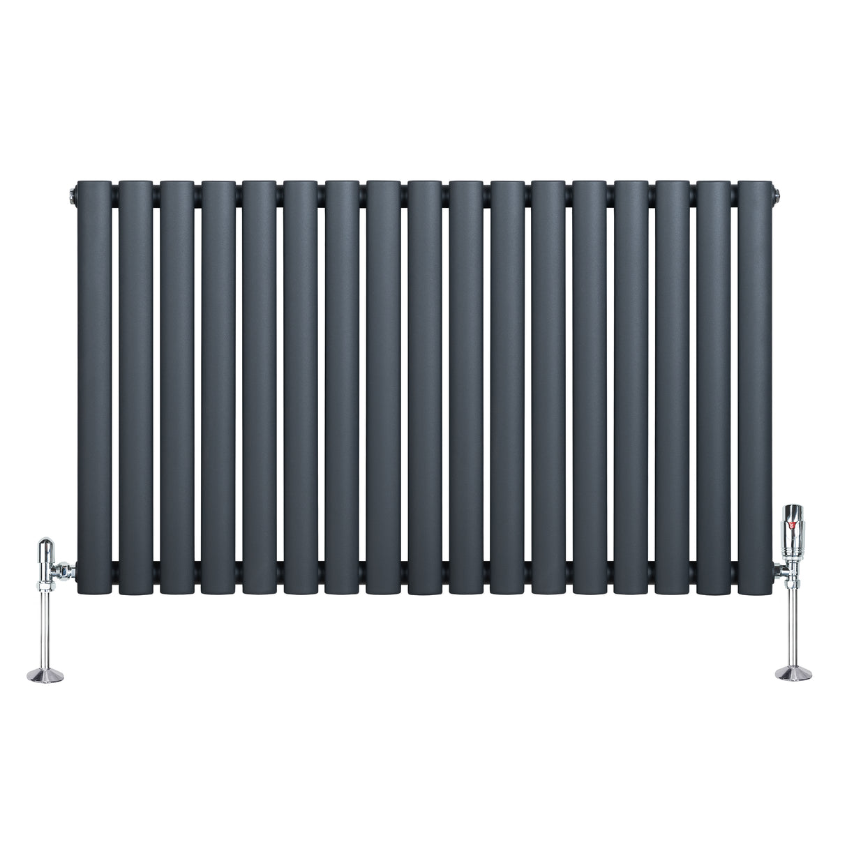 Radiador de columna ovalado en gris antracita, con diseño moderno y válvulas cromadas, ideal para calefacción eficiente y elegante
