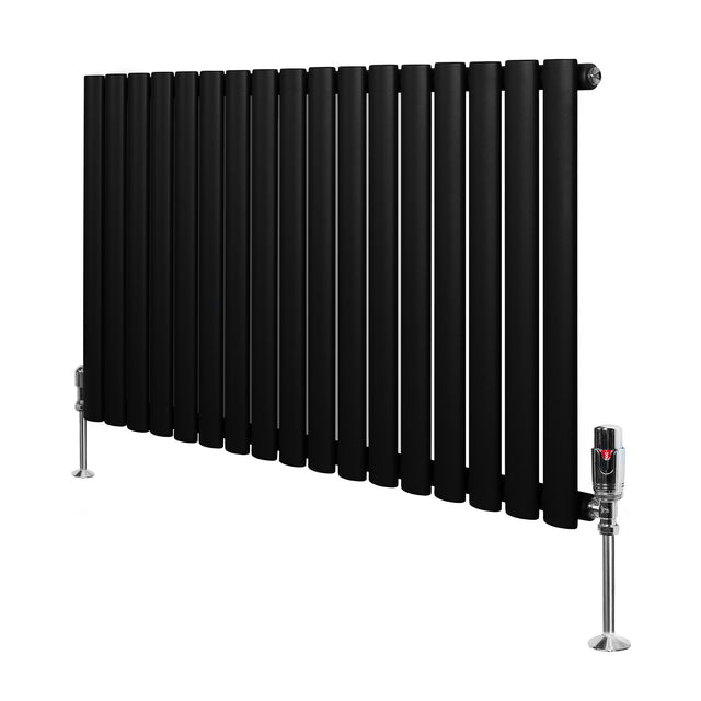 Radiador de columna ovalado negro de 600 mm x 1020 mm con válvulas, diseño moderno y acabado mate, ideal para calefacción eficiente