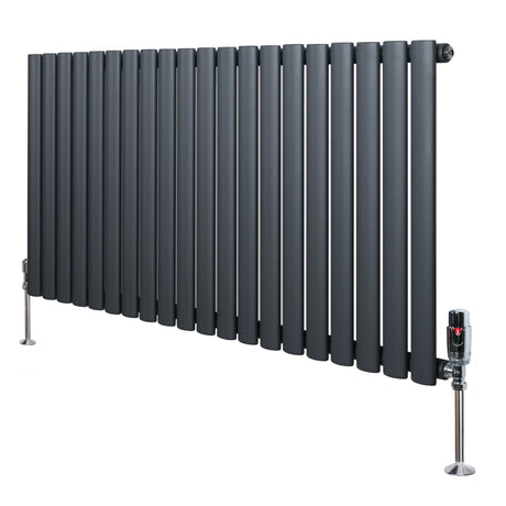 Radiador de columna ovalado en gris antracita, con diseño moderno y válvulas, mide 600 mm x 1200 mm, acabado liso y elegante