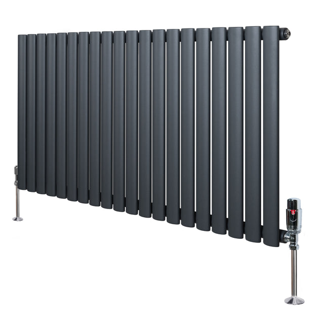 Radiador de columna ovalado en gris antracita, con diseño moderno y válvulas, mide 600 mm x 1200 mm, acabado liso y elegante