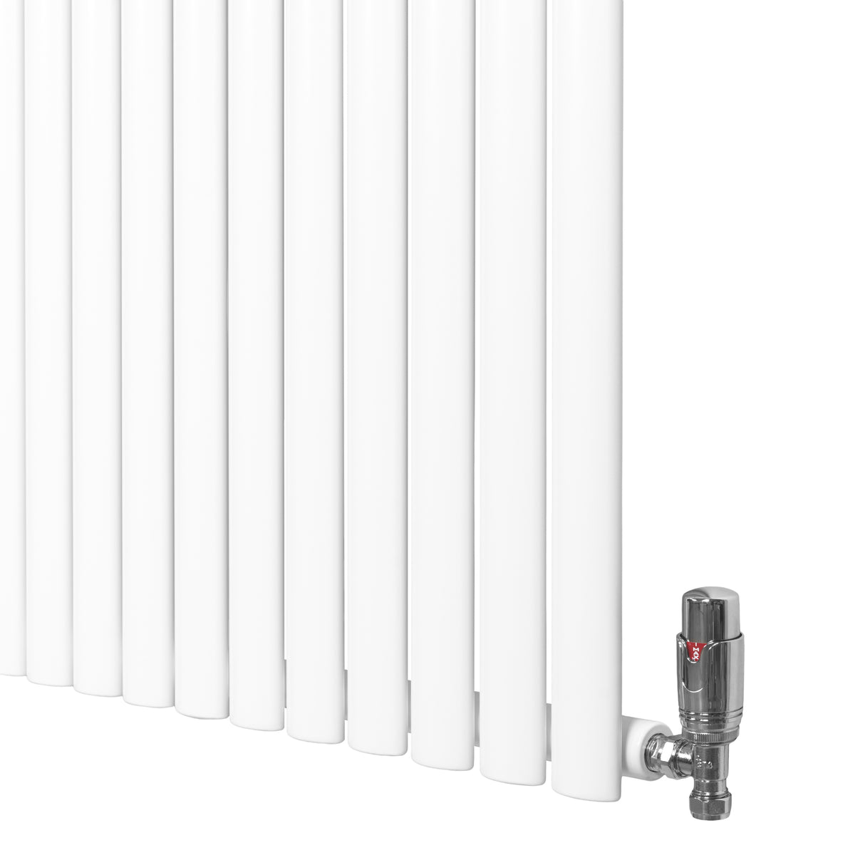 Radiador de columna ovalado blanco de 600 mm x 1200 mm con válvula metálica brillante, diseño elegante y moderno para calefacción eficiente