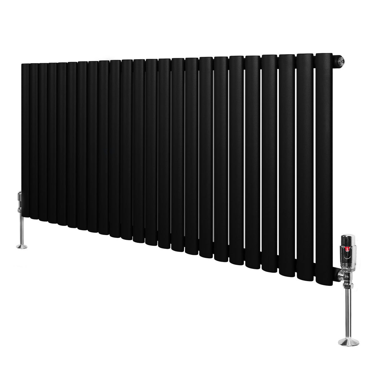 Radiador de columna ovalado negro de 600 mm x 1440 mm con válvulas, diseño moderno y acabado liso que complementa cualquier espacio