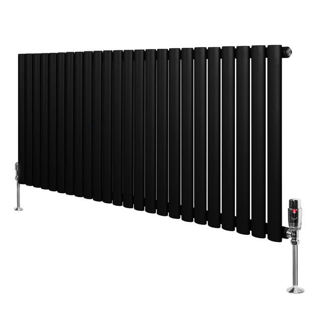 Radiador de columna ovalado negro de 600 mm x 1440 mm con válvulas, diseño moderno y acabado liso que complementa cualquier espacio
