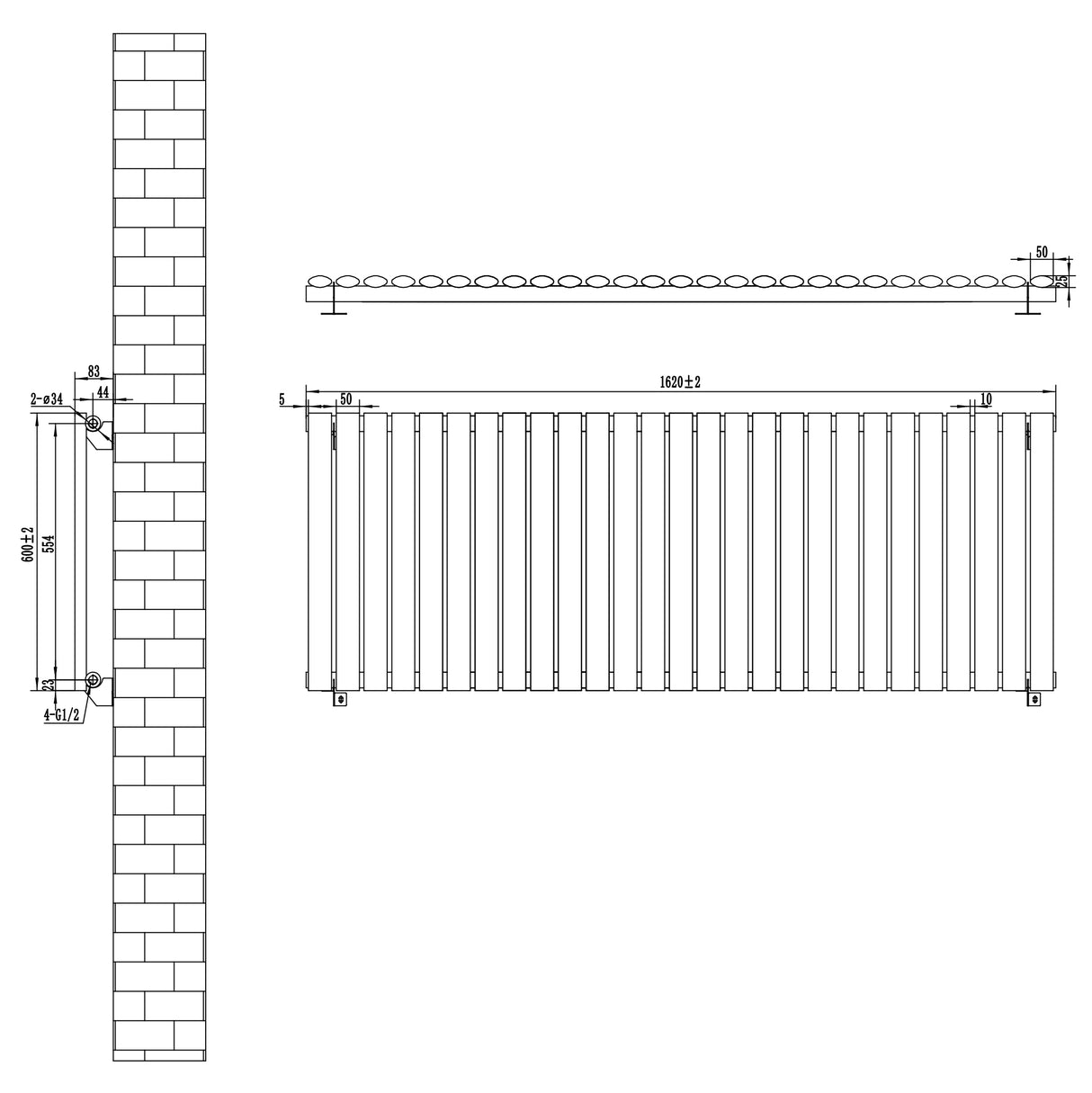 Radiador de columna ovalado en gris antracita, dimensiones 600 mm x 1620 mm, con válvulas y diseño moderno y elegante