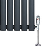 Radiador de columna ovalado en gris antracita con válvula cromada, diseño elegante y moderno, ideal para calefacción eficiente
