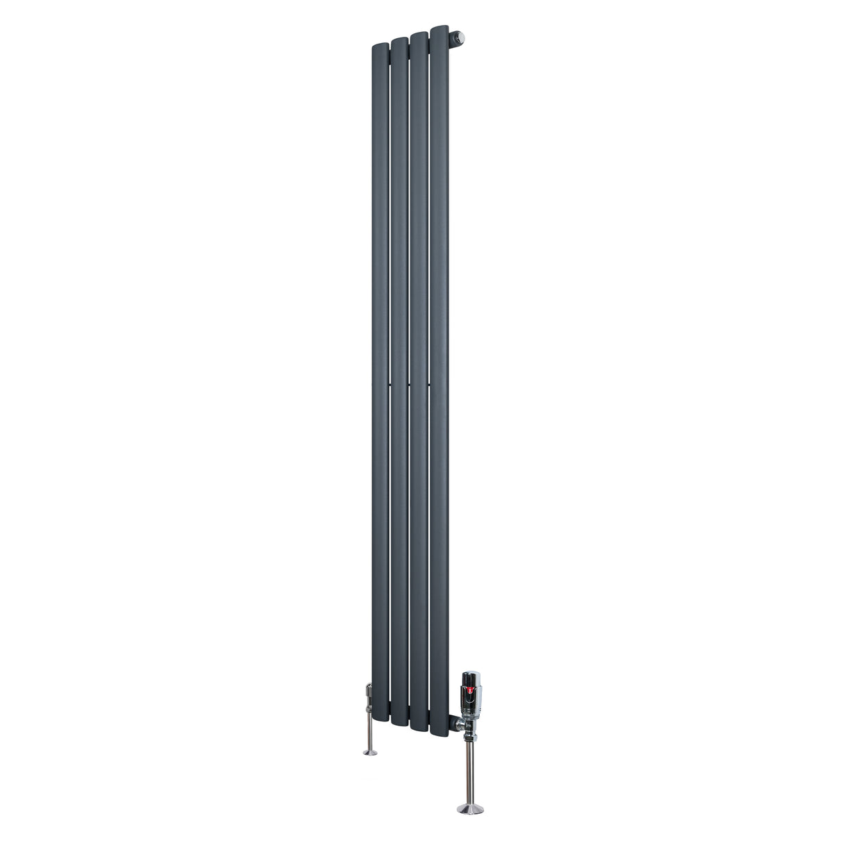 Radiador de columna ovalado en gris antracita, con diseño moderno y válvulas, mide 1600 mm de alto y 240 mm de ancho