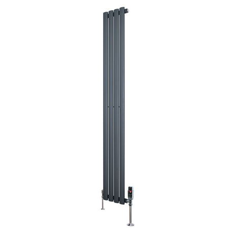 Radiador de columna ovalado en gris antracita, con diseño moderno y válvulas, mide 1600 mm de alto y 240 mm de ancho