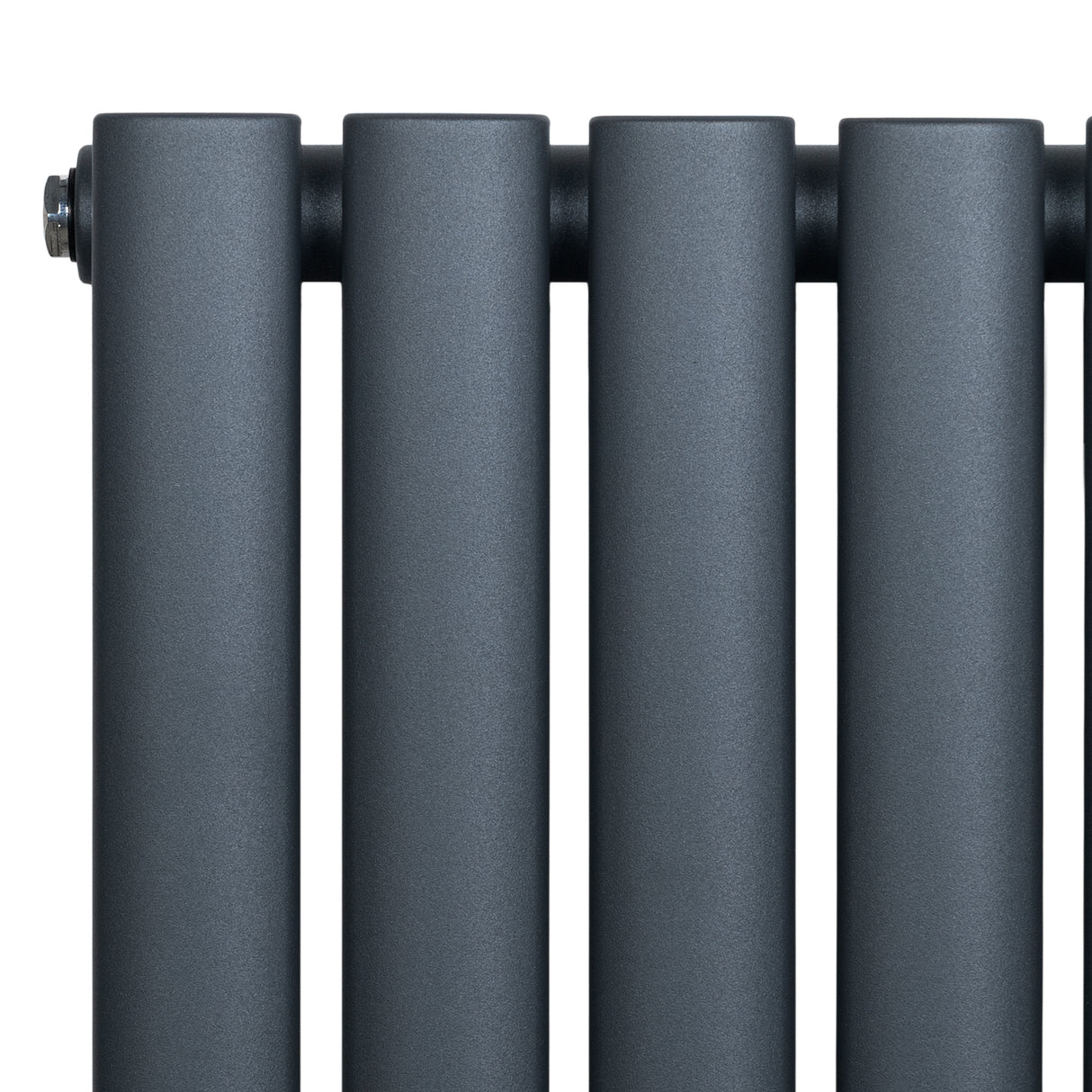 Radiador de columna ovalado en gris antracita, con acabado mate y válvulas, mide 1600 mm de largo y 240 mm de ancho