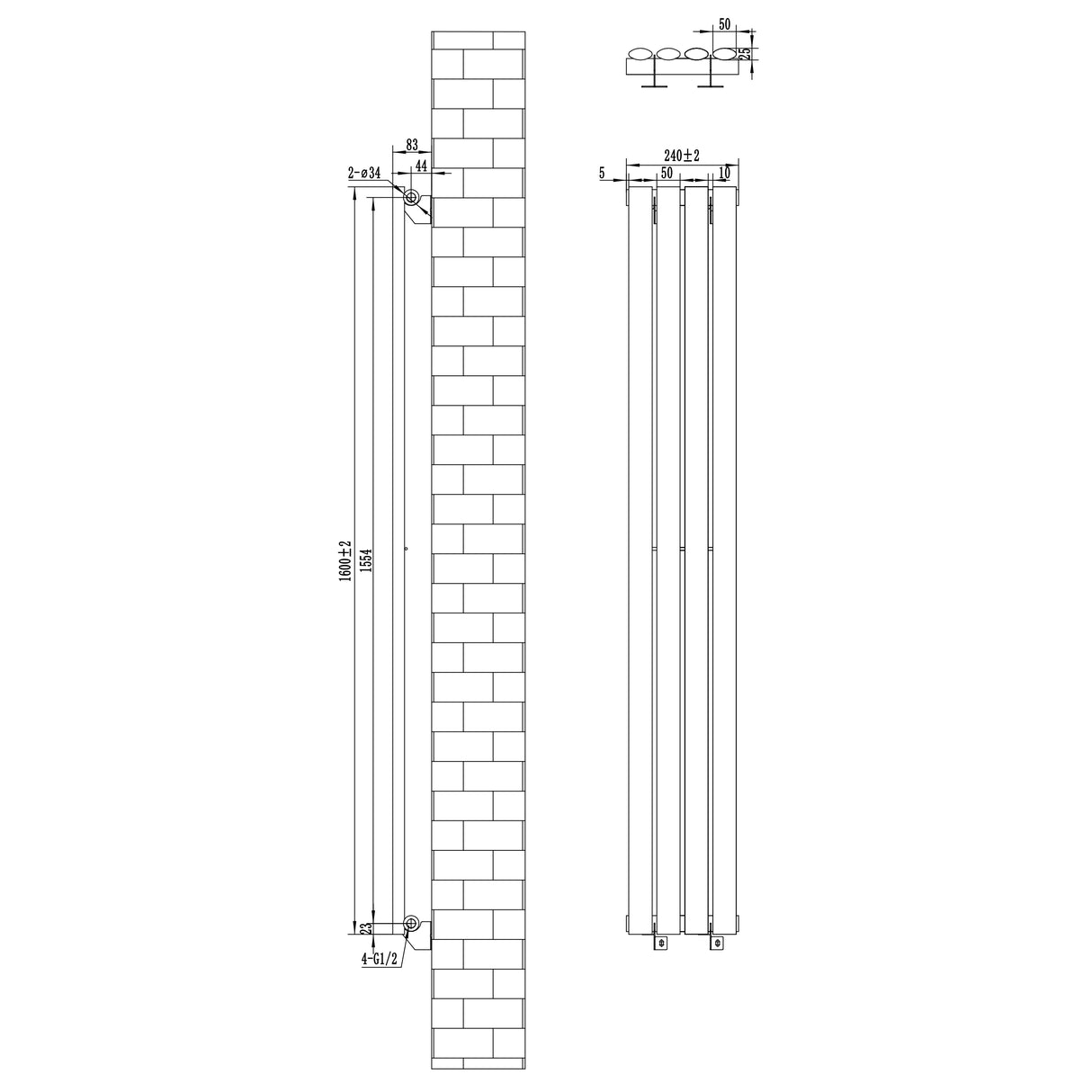 Radiador de columna ovalado gris antracita de 1600 mm x 240 mm con válvulas, diseño elegante y moderno, ideal para espacios contemporáneos