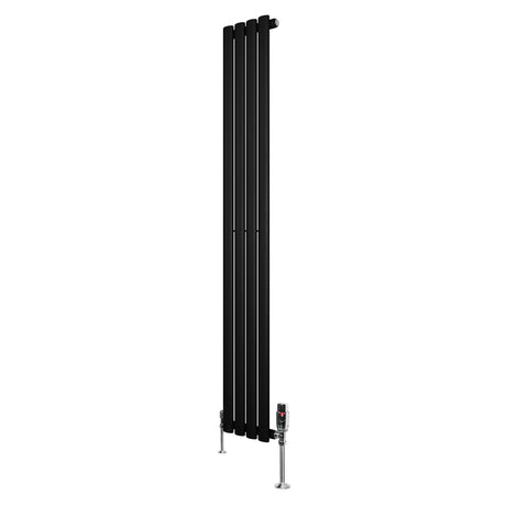 Radiador de columna ovalado negro de 1600 mm x 240 mm con válvulas, diseño moderno y acabado liso que complementa cualquier espacio