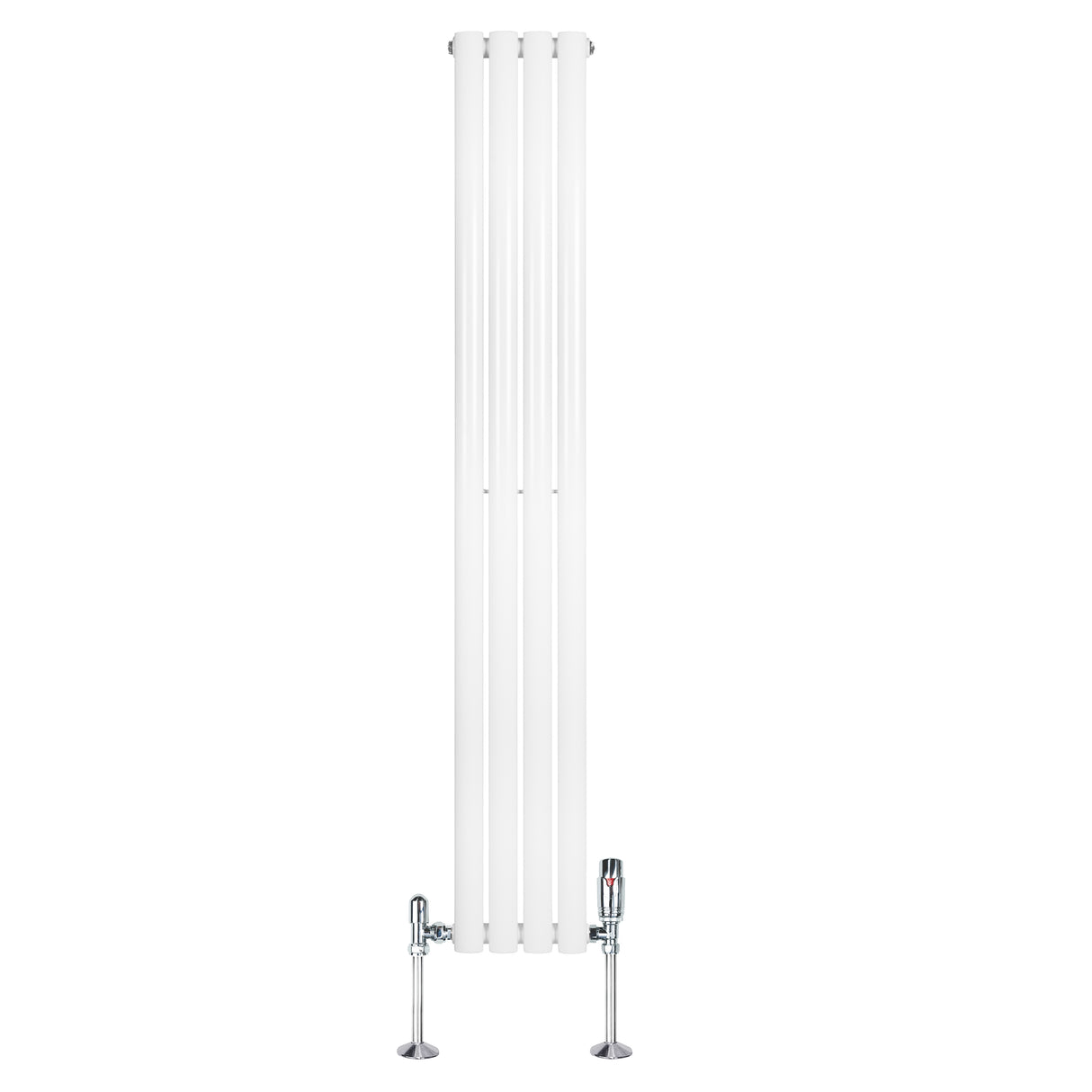 Radiador de columna ovalado blanco de 1600 mm x 240 mm, con válvulas metálicas brillantes y diseño elegante y moderno
